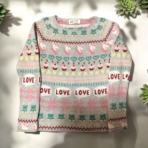 H&M Other - H&M Girls Valentines Day Sweater Size 4-6Y Love Hearts Unicorns Pink